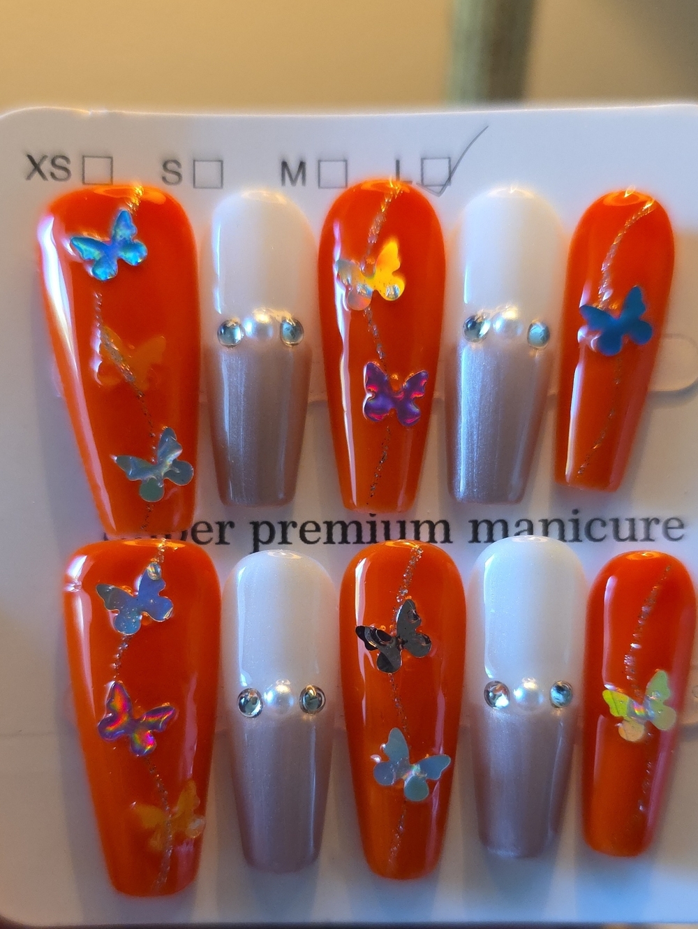 Orange Butterfly Press-On Nail Set by Size Large